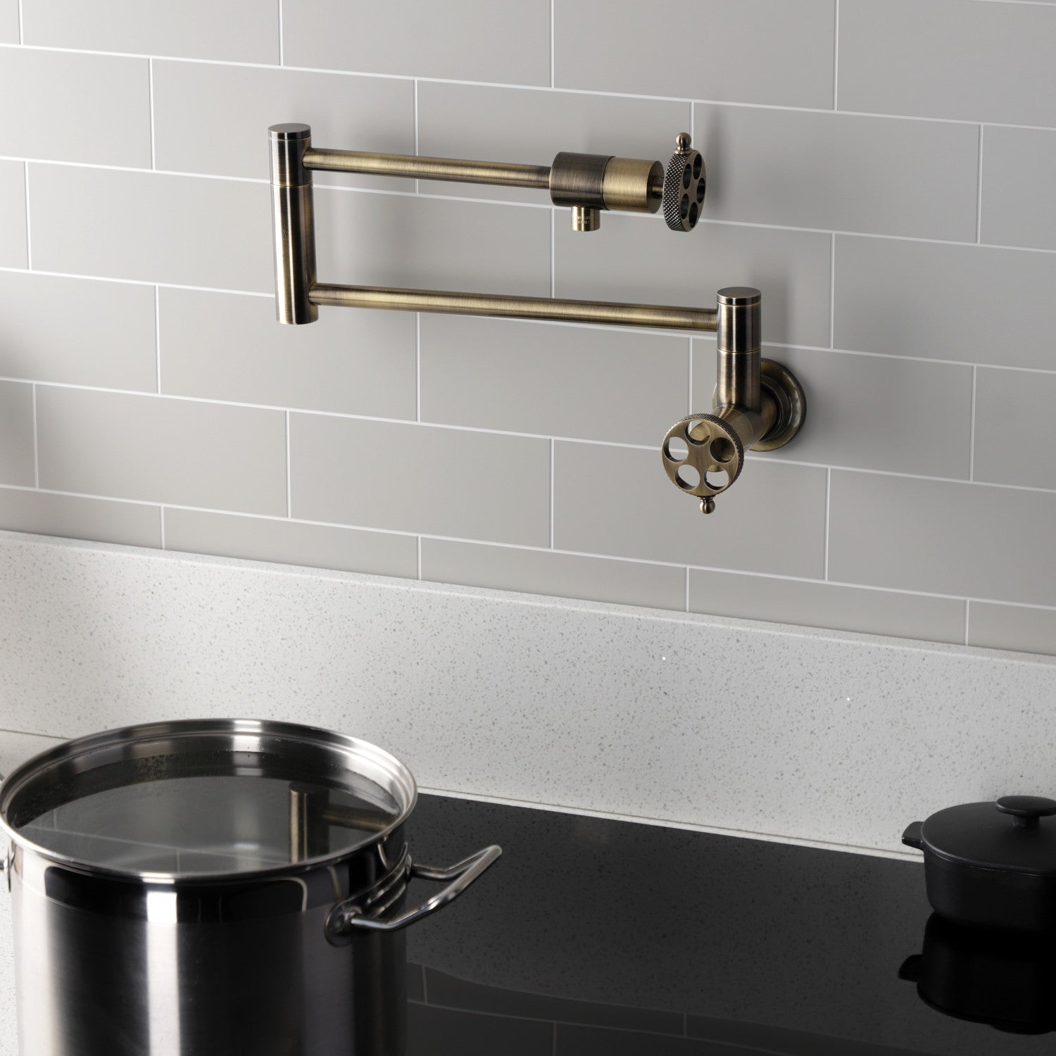 Kingston Sona KS4103RKX - Webb Two-Handle 1-Hole Wall Mount Pot Filler Faucet with Knurled Handle, Antique Brass — thumbnail 2